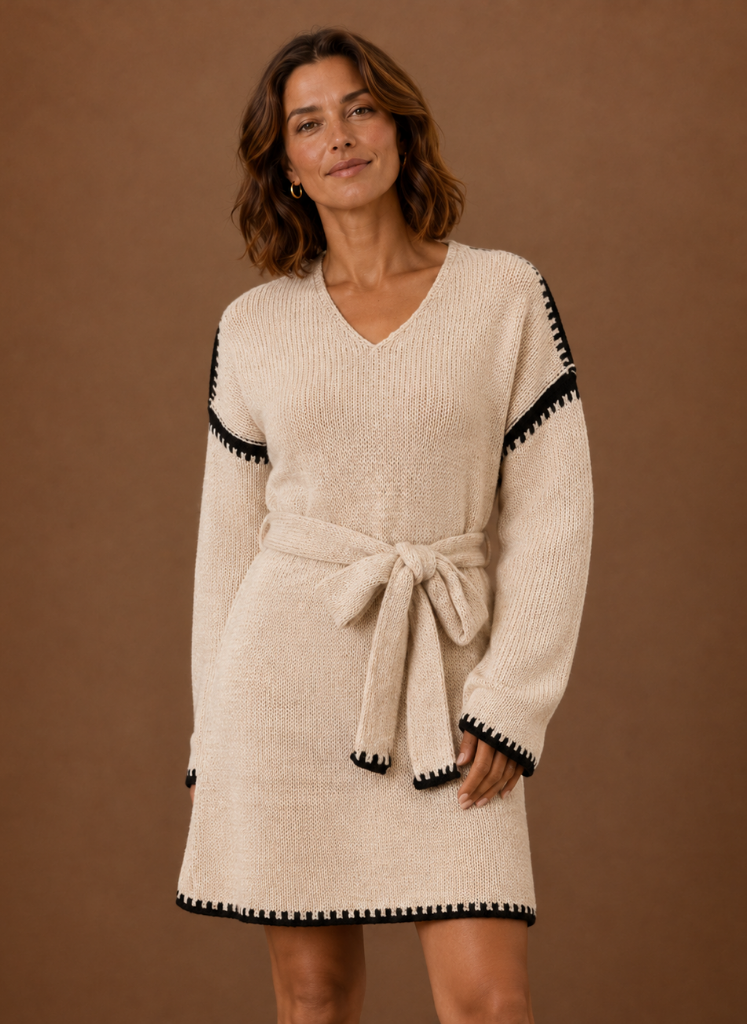 Women’s V-Neck Knit Sweater Dress with Waist Belt | Areleon