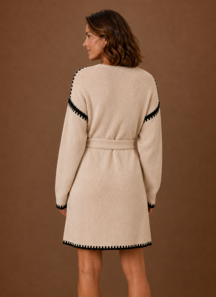 Women’s V-Neck Knit Sweater Dress with Waist Belt | Areleon