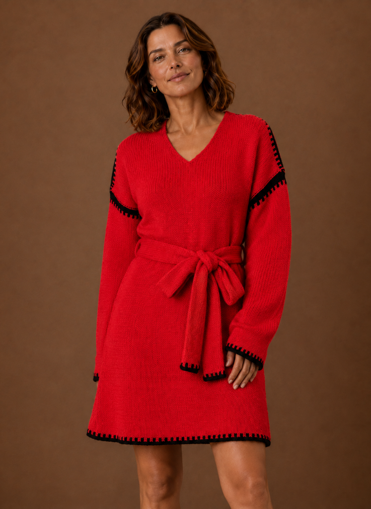 Women’s V-Neck Knit Sweater Dress with Waist Belt | Areleon