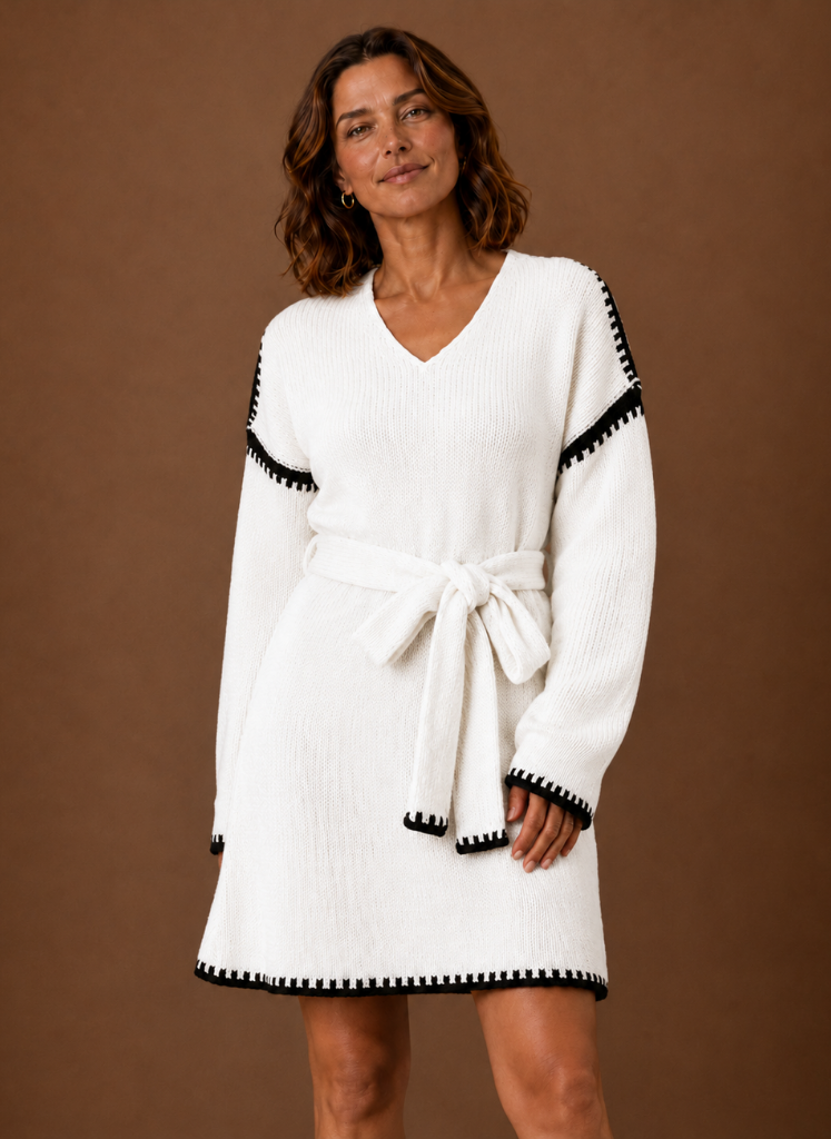 Women’s V-Neck Knit Sweater Dress with Waist Belt | Areleon