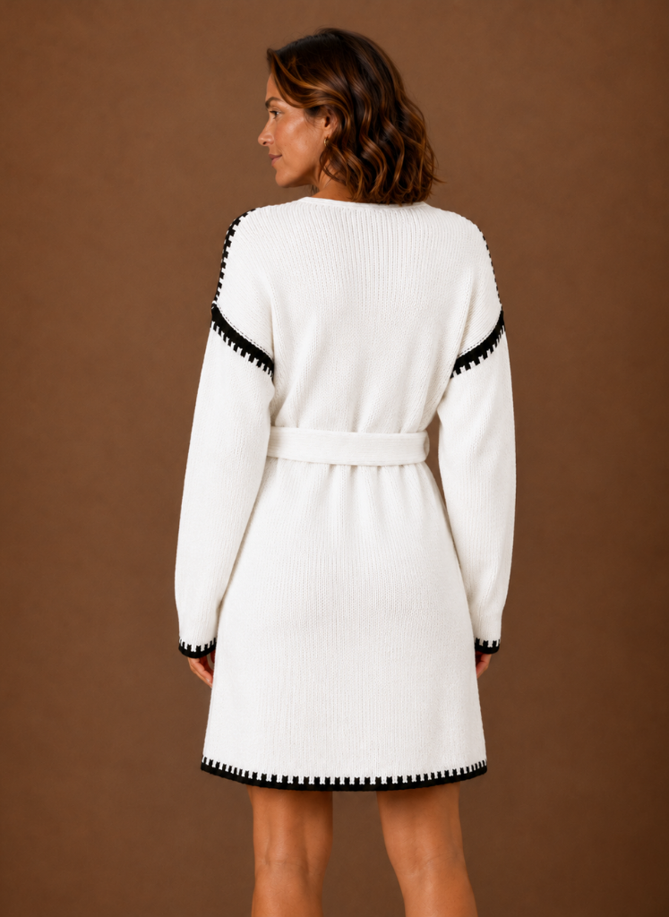 Women’s V-Neck Knit Sweater Dress with Waist Belt | Areleon