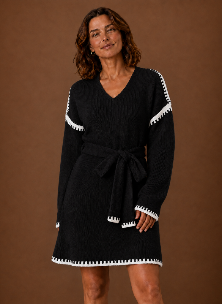 Women’s V-Neck Knit Sweater Dress with Waist Belt | Areleon