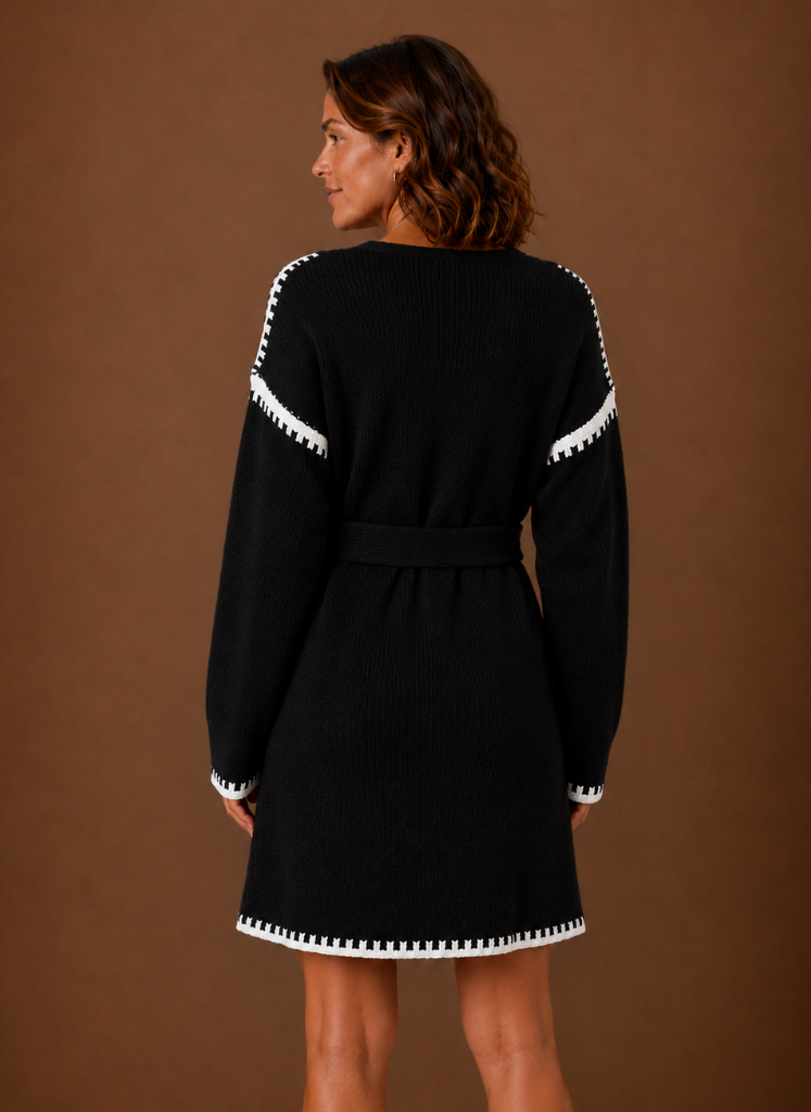 Women’s V-Neck Knit Sweater Dress with Waist Belt | Areleon