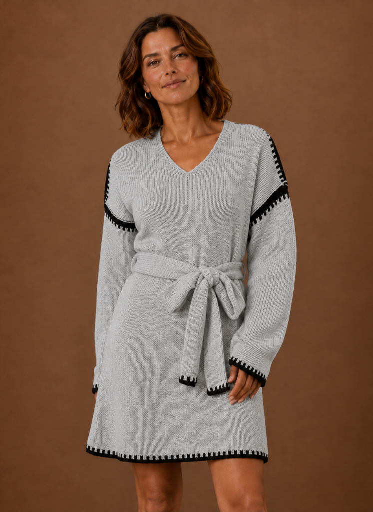 Women’s V-Neck Knit Sweater Dress with Waist Belt | Areleon
