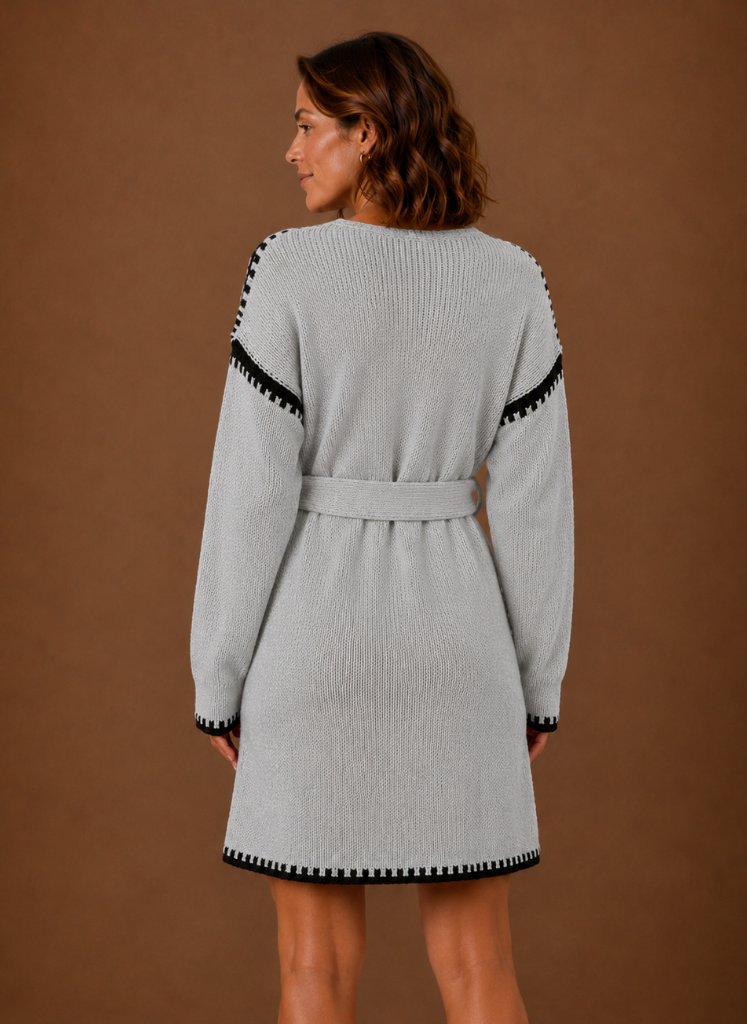 Women’s V-Neck Knit Sweater Dress with Waist Belt | Areleon