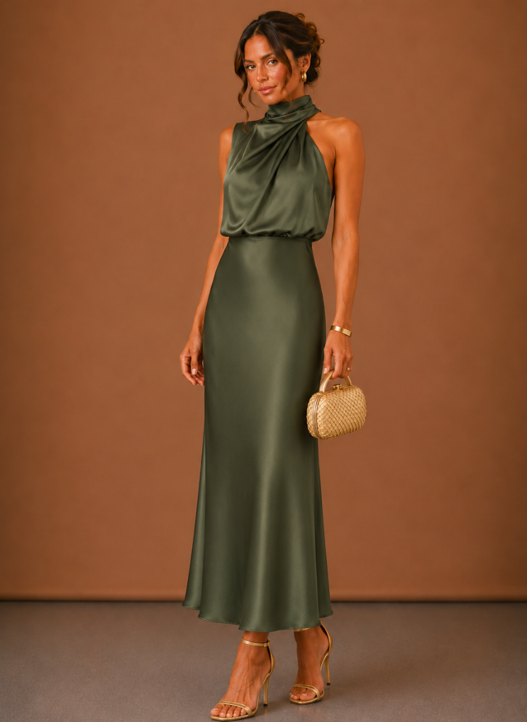 satin maxi dress wedding guest Women's Halter – Elegant with options such as Reign Sheath Poet Sleeved Formal Long Dresses Size:46x28 Classic