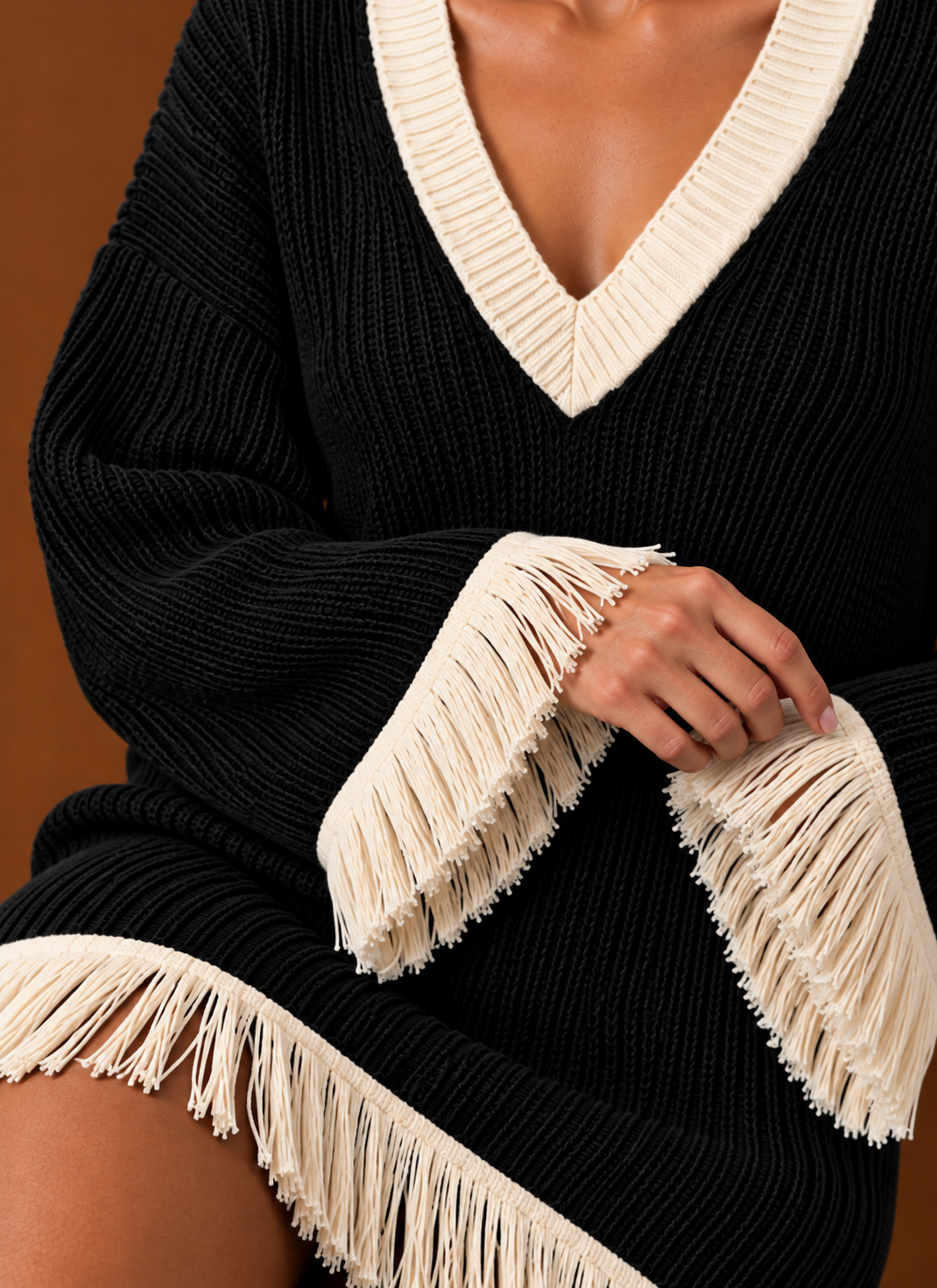 Women’s Fringe Sweater Dress – V-Neck Chunky Knit Oversized Mini | Areleon