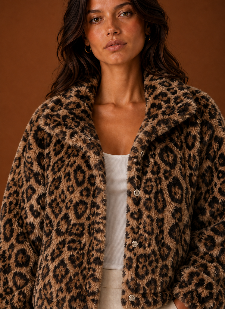 Close-up of the faux fur texture and animal-print pattern on the jacket