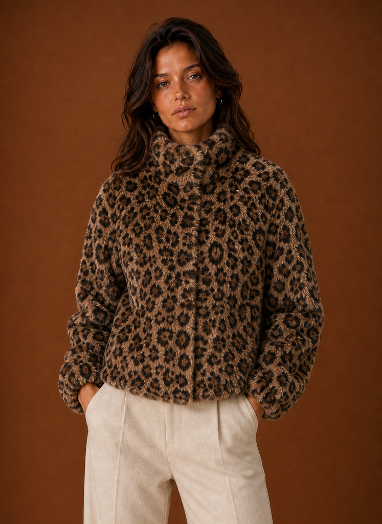 Front view of a women's animal-print faux fur jacket on a mannequin