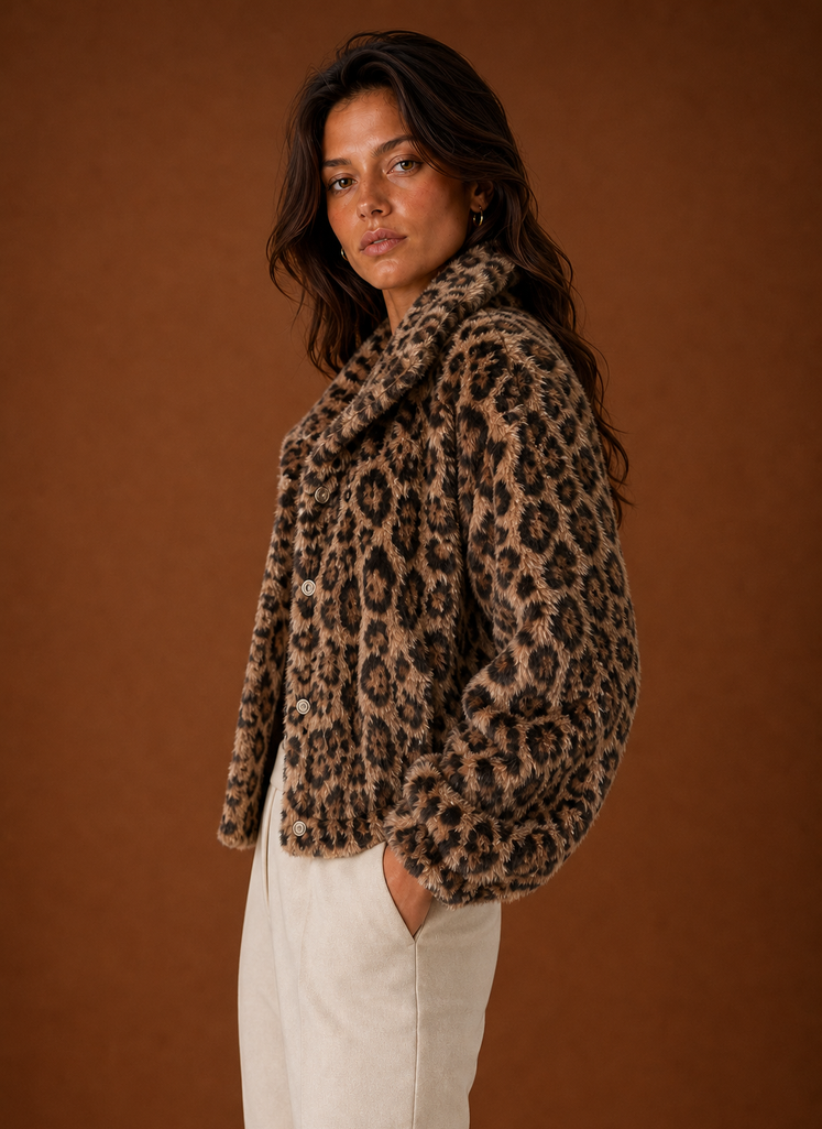 Side view of the women's animal-print faux fur jacket showing silhouette and texture
