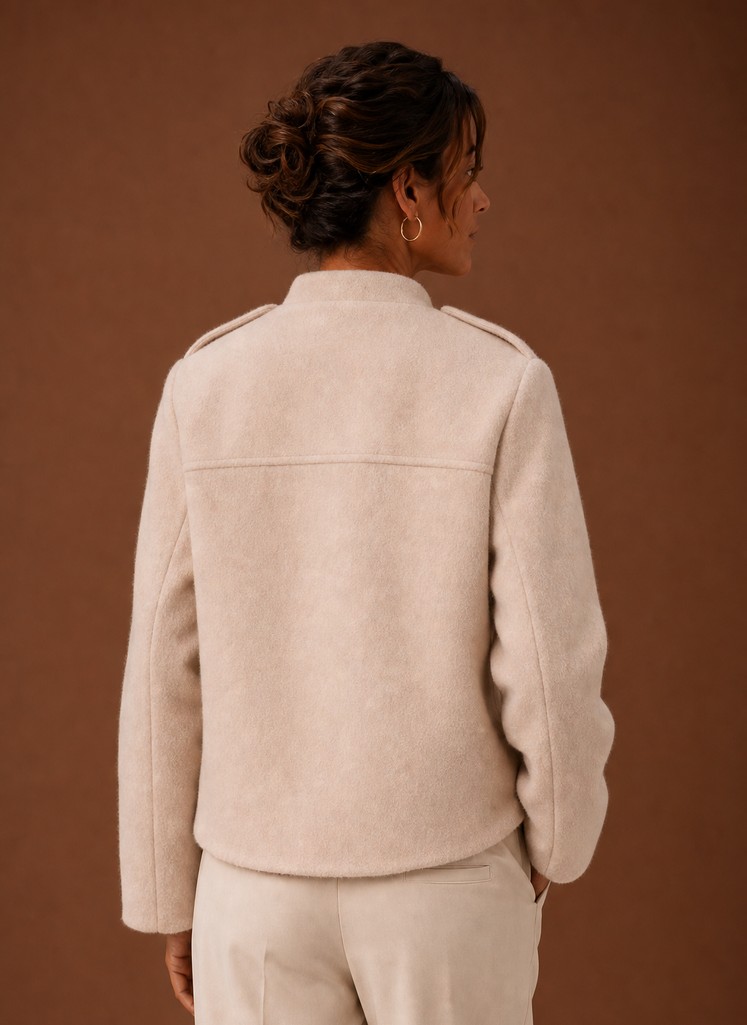 Back view of the cropped button-front coat highlighting the hemline
