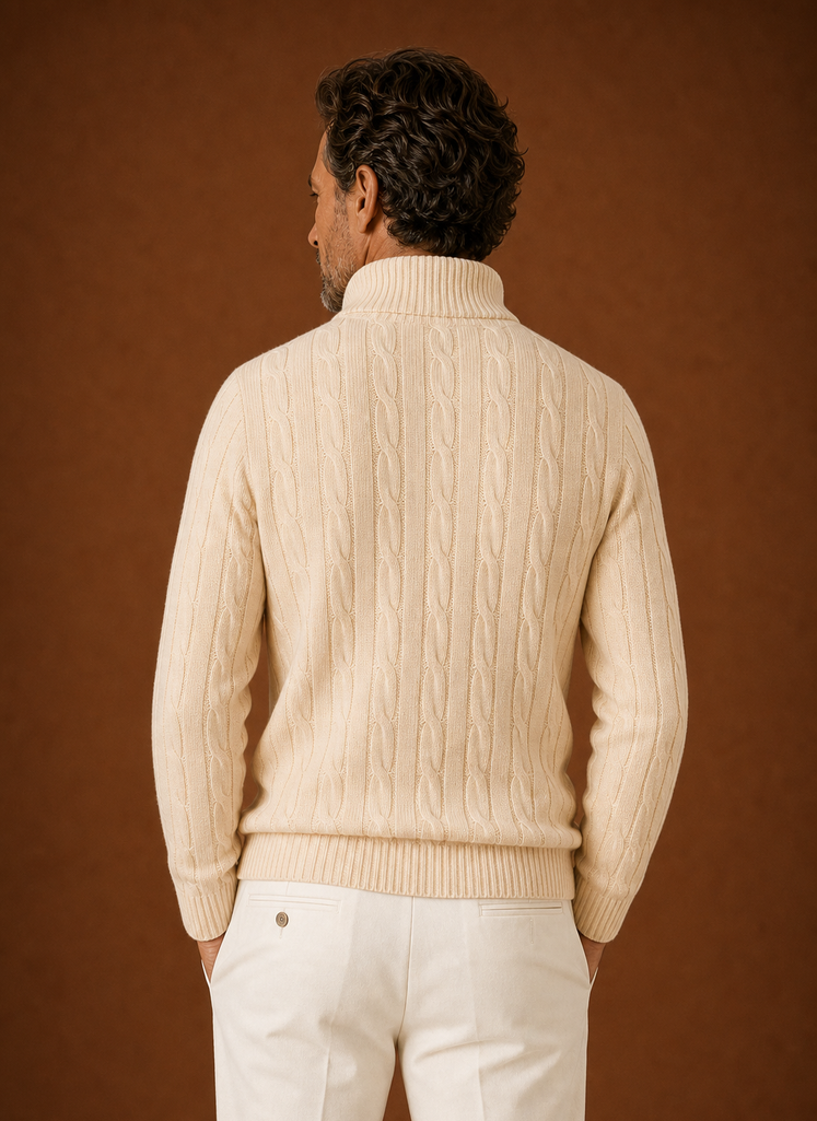 Back view of the men's cable knit quarter-zip sweater