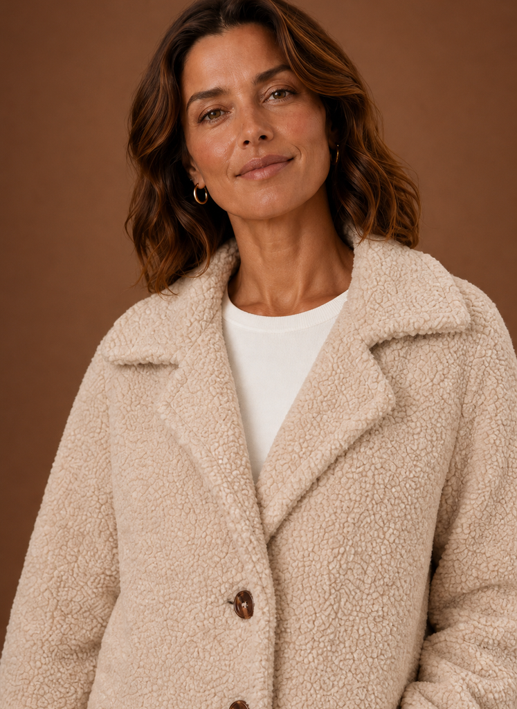 Close-up of the teddy coat texture and buttoned double-breasted front