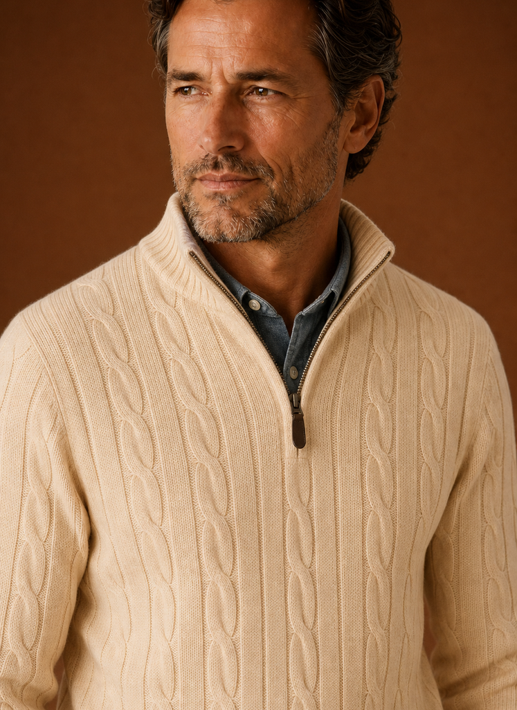 Close-up of the cable knit texture and quarter-zip pull at the mock neck