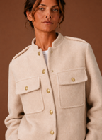 Close-up of button-front closure and tailored stitching on the cropped jacket