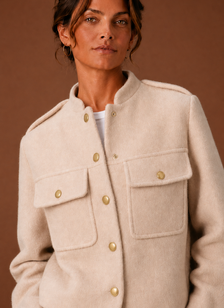 Close-up of button-front closure and tailored stitching on the cropped jacket