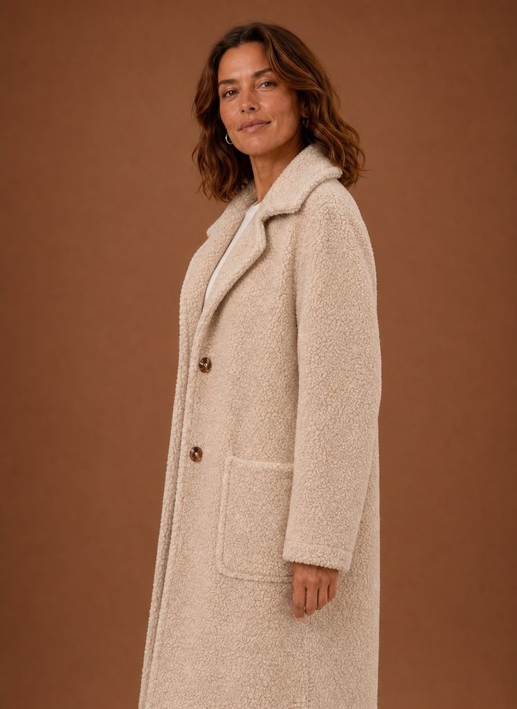 Side view of the Women's long teddy coat highlighting the longline fit and full-length sleeve