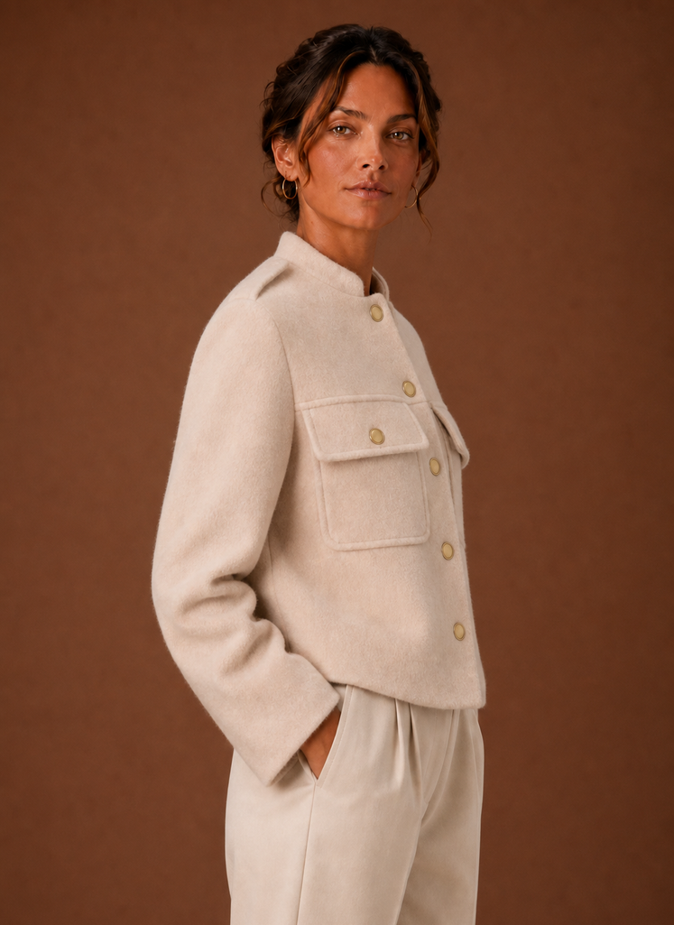 Side view of the cropped jacket showing silhouette and sleeve length