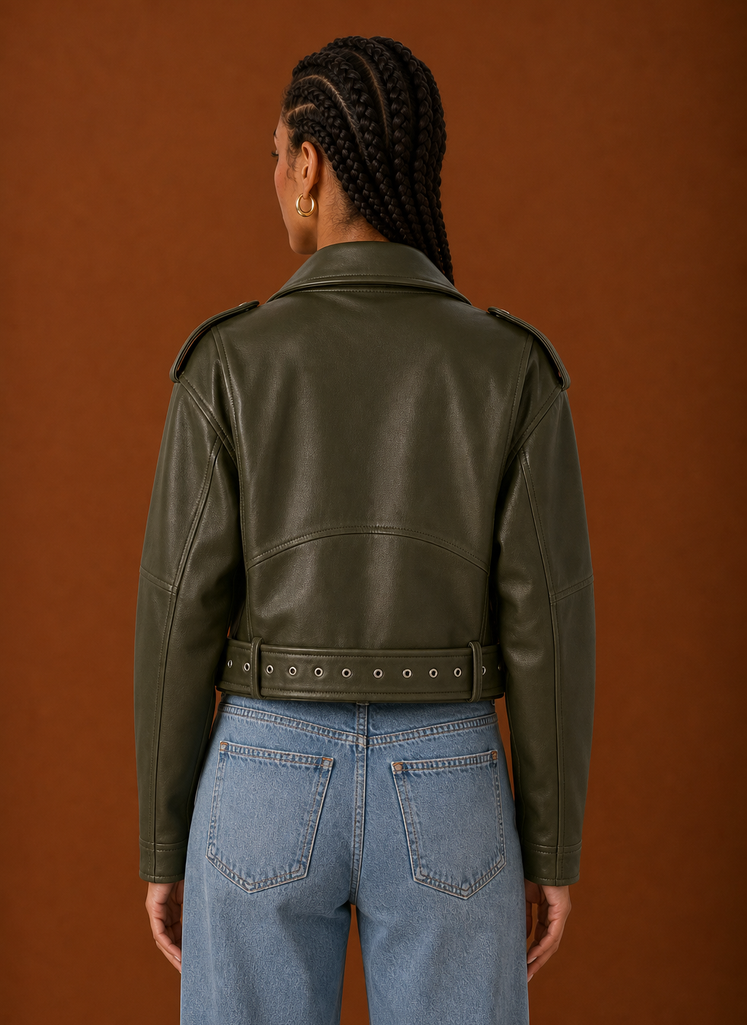 Back view of the Areleon women's moto jacket highlighting the clean lines