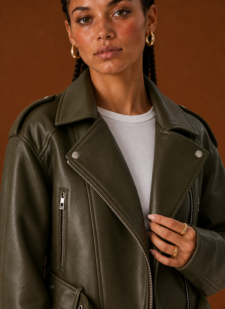 Close-up detail of the Areleon women's moto jacket showing refined stitching and finish