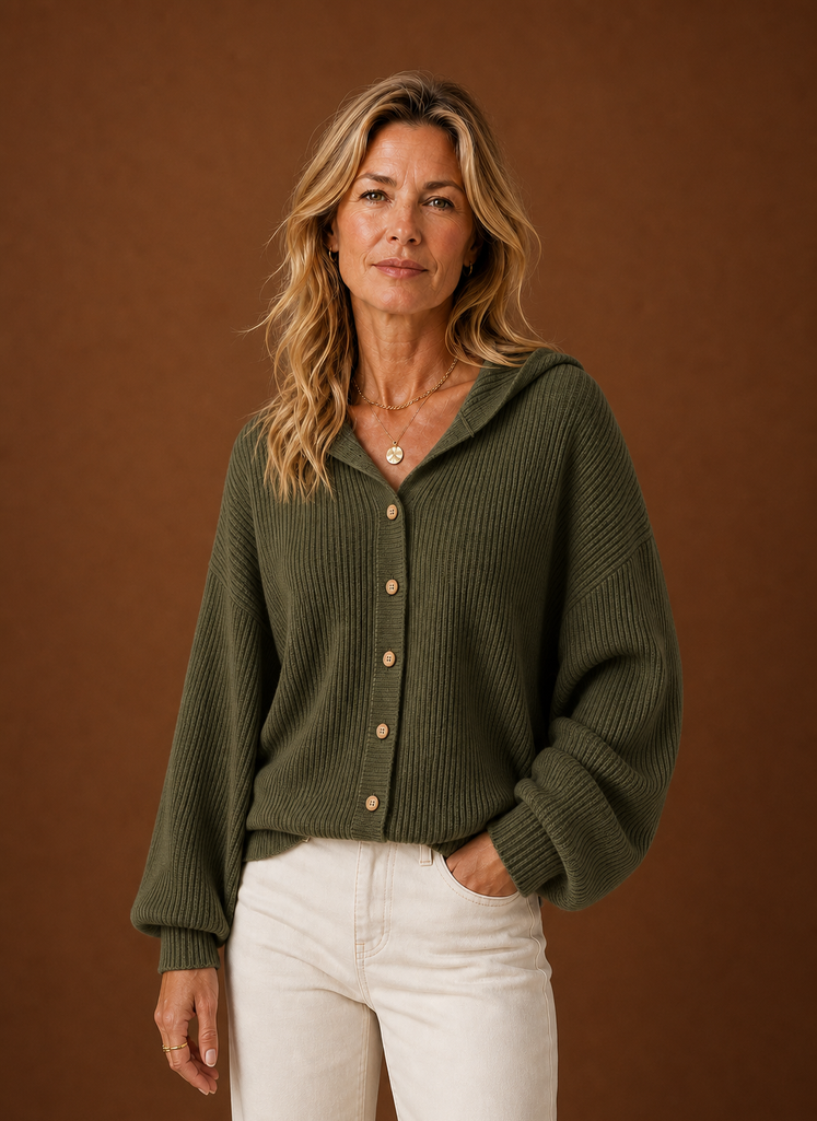 Front view of women's ribbed knit hooded button cardigan on a mannequin