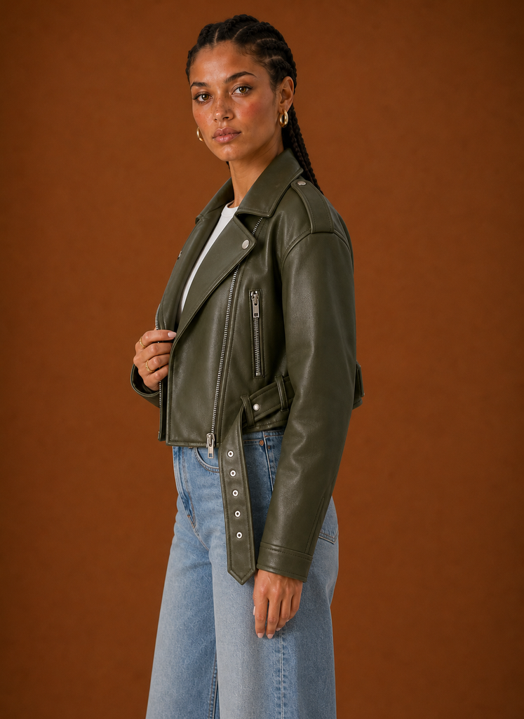 Side profile of the Areleon women's moto jacket showing the streamlined silhouette