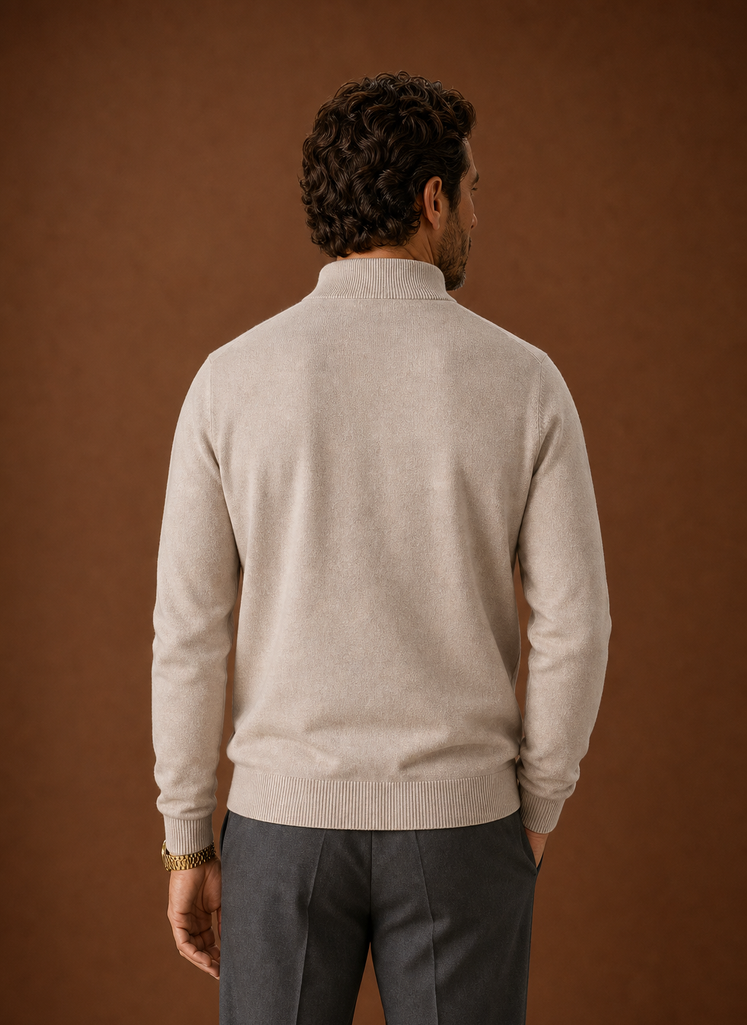 Back view of the mock neck sweater showing a clean hem and fit