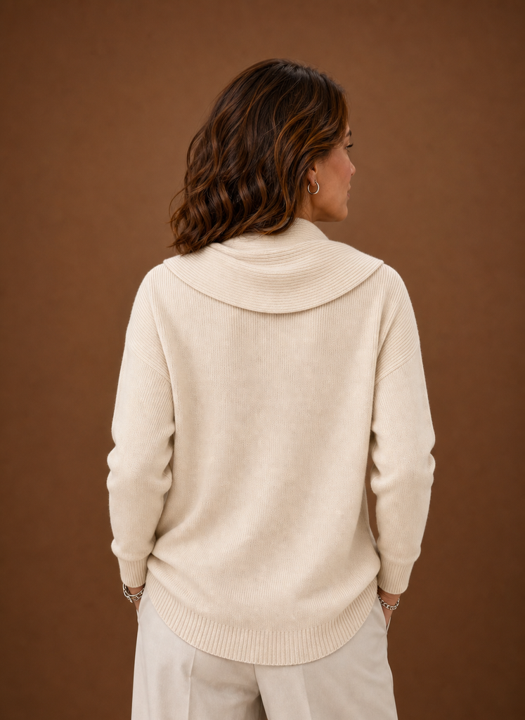 Back view of Areleon women's cowl neck knit sweater showing silhouette and hem