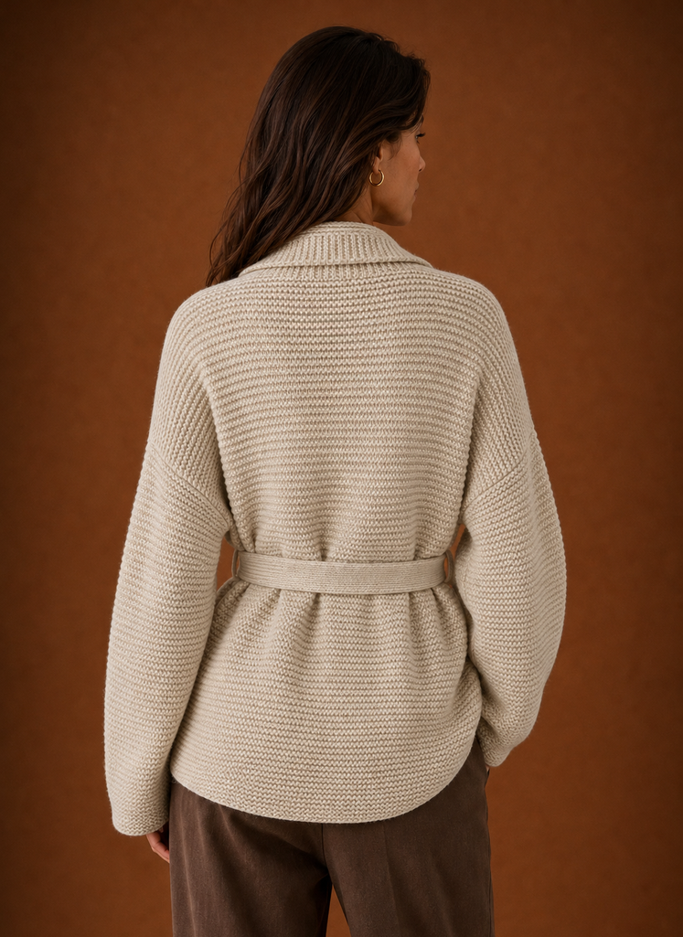 Back view of belted cardigan showing straight hem and chunky knit finish