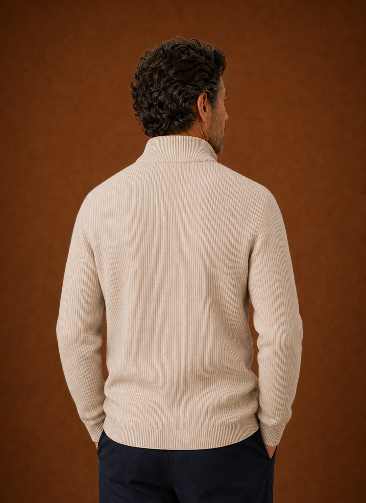 Back view of the quarter-zip ribbed pullover showing the clean hem and knit texture