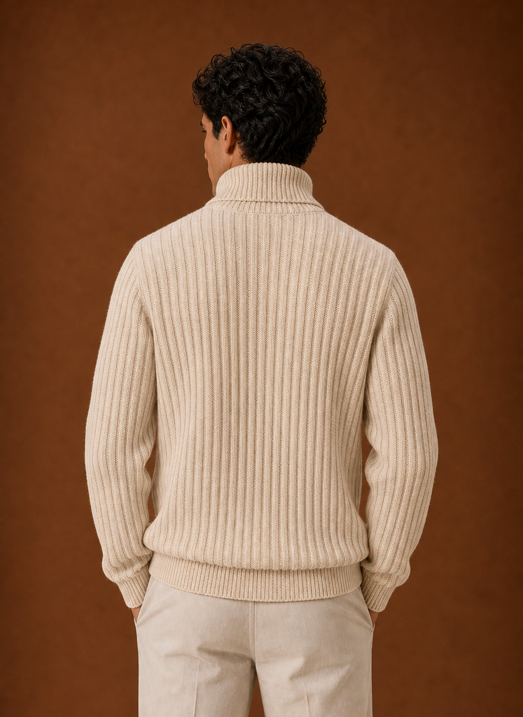 Men's Turtleneck Sweater - Ribbed Roll Neck Knit Pullover back view