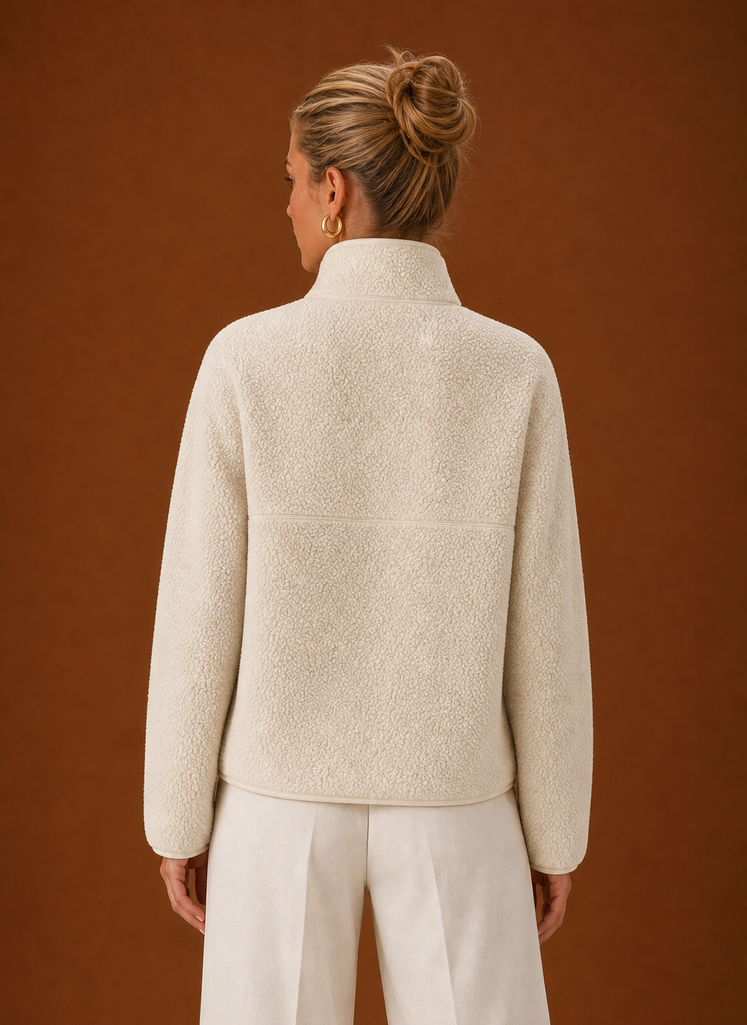 Back view of the pullover showing fit and finished hem