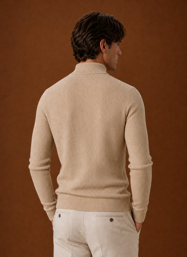 Men's Turtleneck Sweater - Ribbed Roll Neck Knit Pullover back view