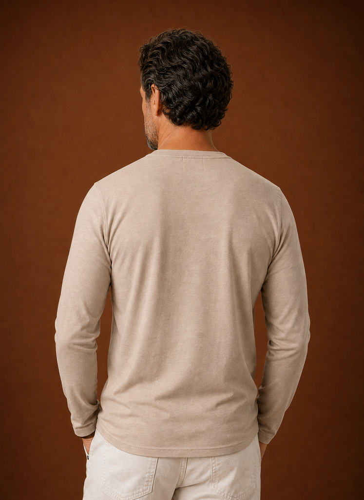 Back view of men's long-sleeve Henley shirt with clean hem