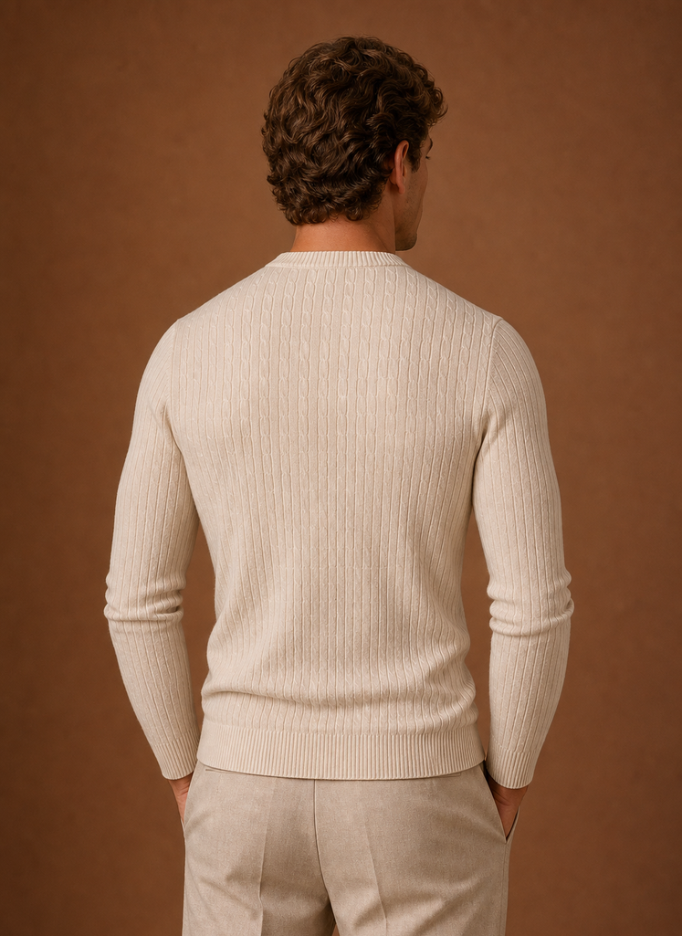 Back view of Areleon men's cable knit crew neck sweater