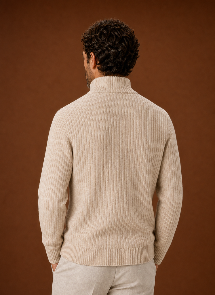 Back view of Areleon men's ribbed knit full zip sweater