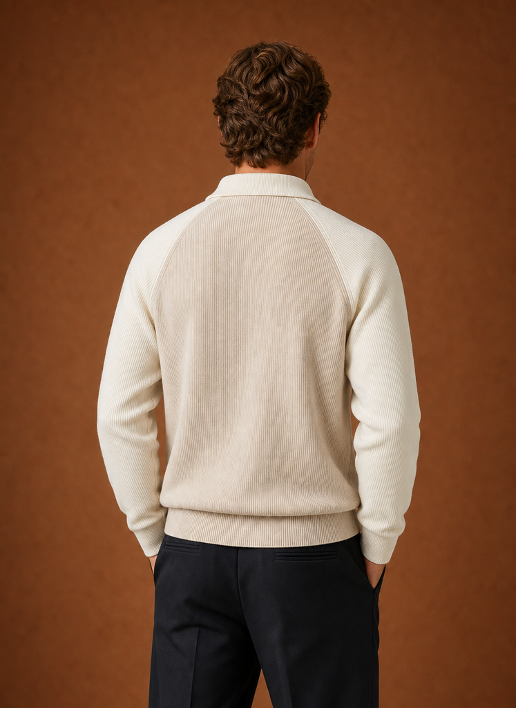 Back view of men's half-zip knit sweater showing clean silhouette