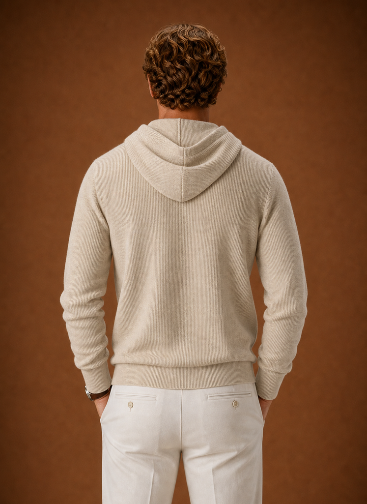 Back view of the men's hooded half-zip knit sweater showing the hood and straight hem