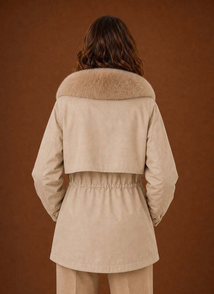 Back view of women's parka jacket with hood