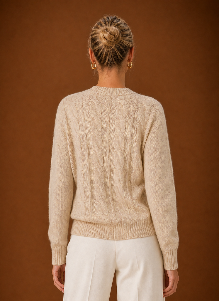 Women's Cable Knit Sweater - Crew Neck Knit Pullover back view