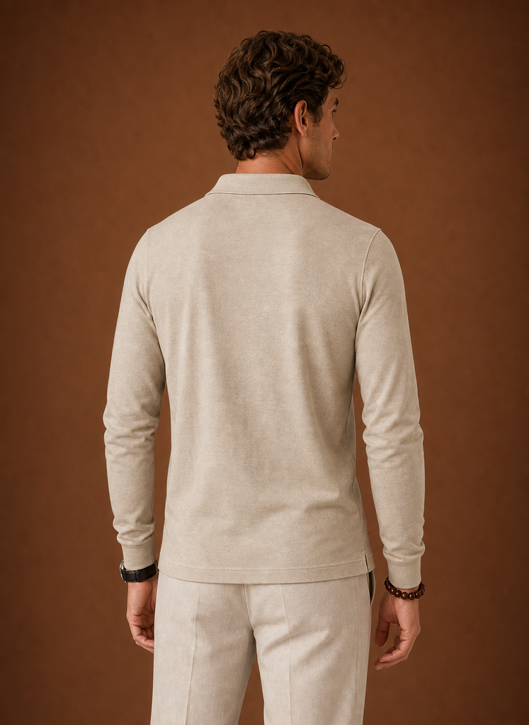 Back view of men's polo shirt showing clean back panel and collar in black