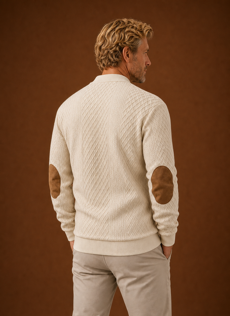 Back view of men's crewneck sweater with clean silhouette