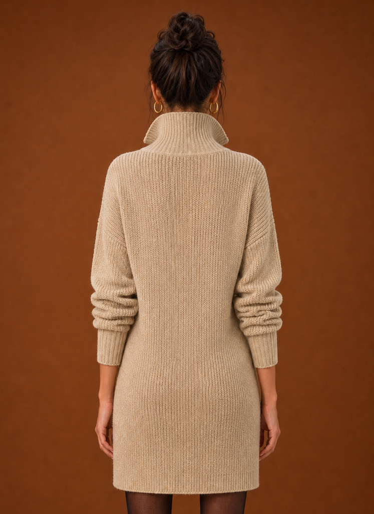 Back view of women's sweater dress showing pullover construction and clean lines