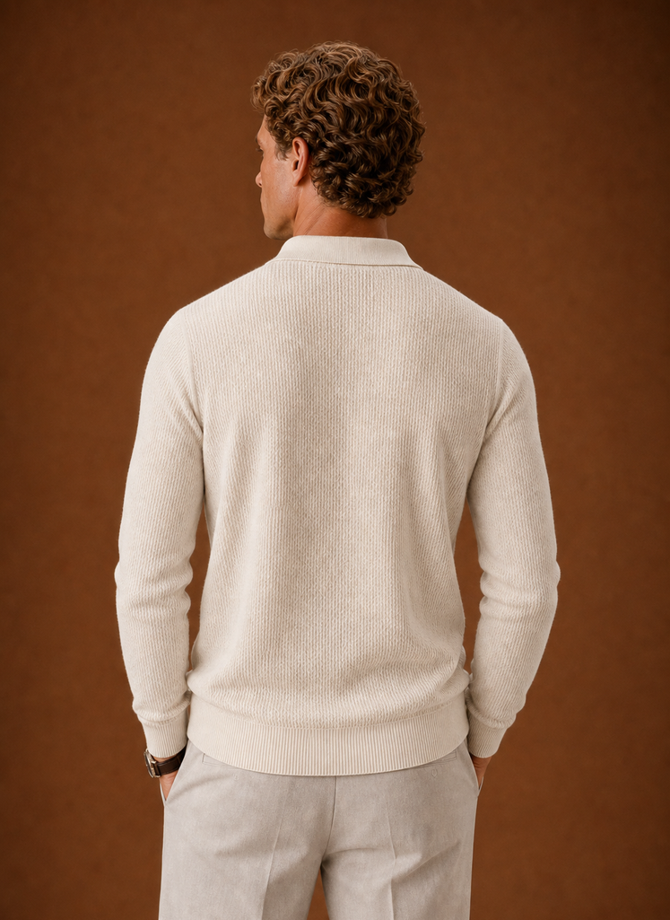 Back view of Areleon men's textured knit polo sweater showing knit texture and hem