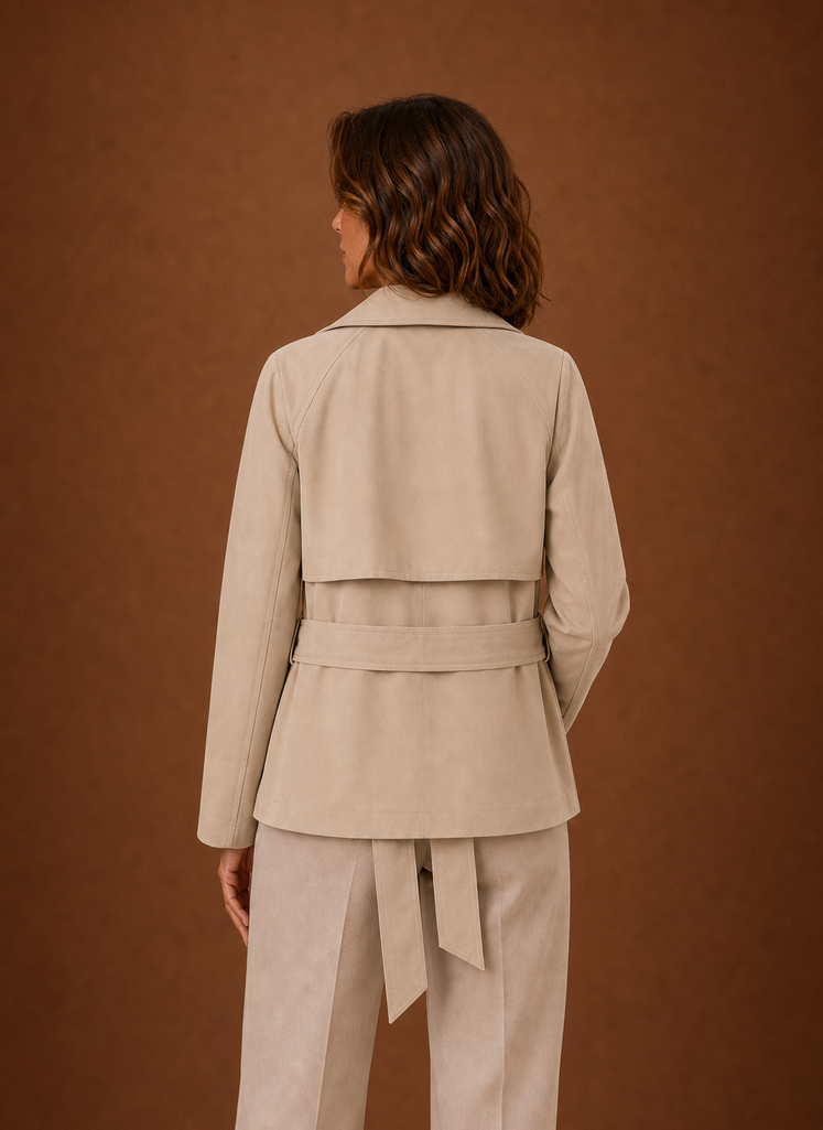 Back view of women's belted trench jacket with belt across the waist