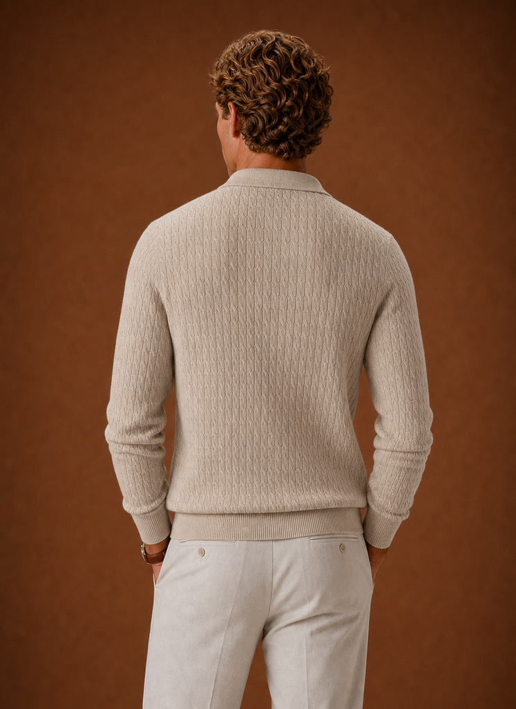 Back view of men's oversized ribbed pullover with clean, unbroken knit back