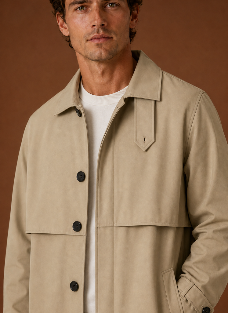 Close-up of the collar and upper front of a black men's trench coat