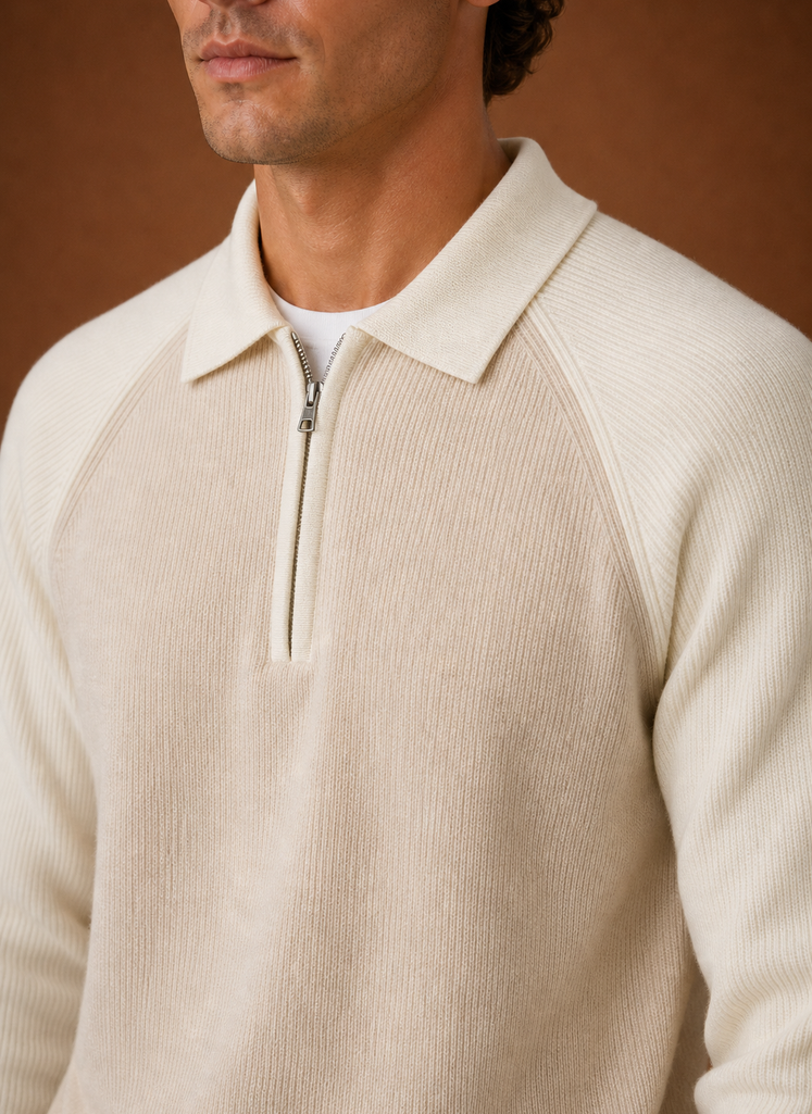 Close-up of half-zip knit texture and zipper on men's sweater