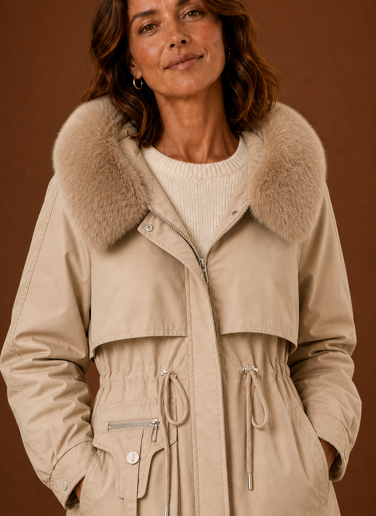 Close-up of faux fur trim on the hood of a women's parka jacket