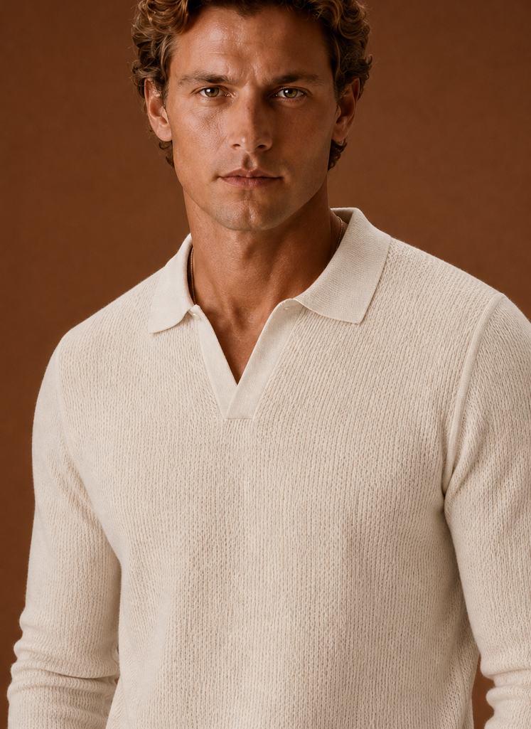 Close-up of textured knit pattern and polo collar detail on Areleon men's sweater